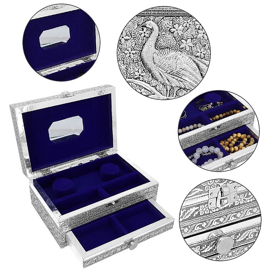 3D Embossed Collection Handcrafted Peacock Design Oxidised Jewellery Box with Drawer Chest (Size 22.8x15.2cm)