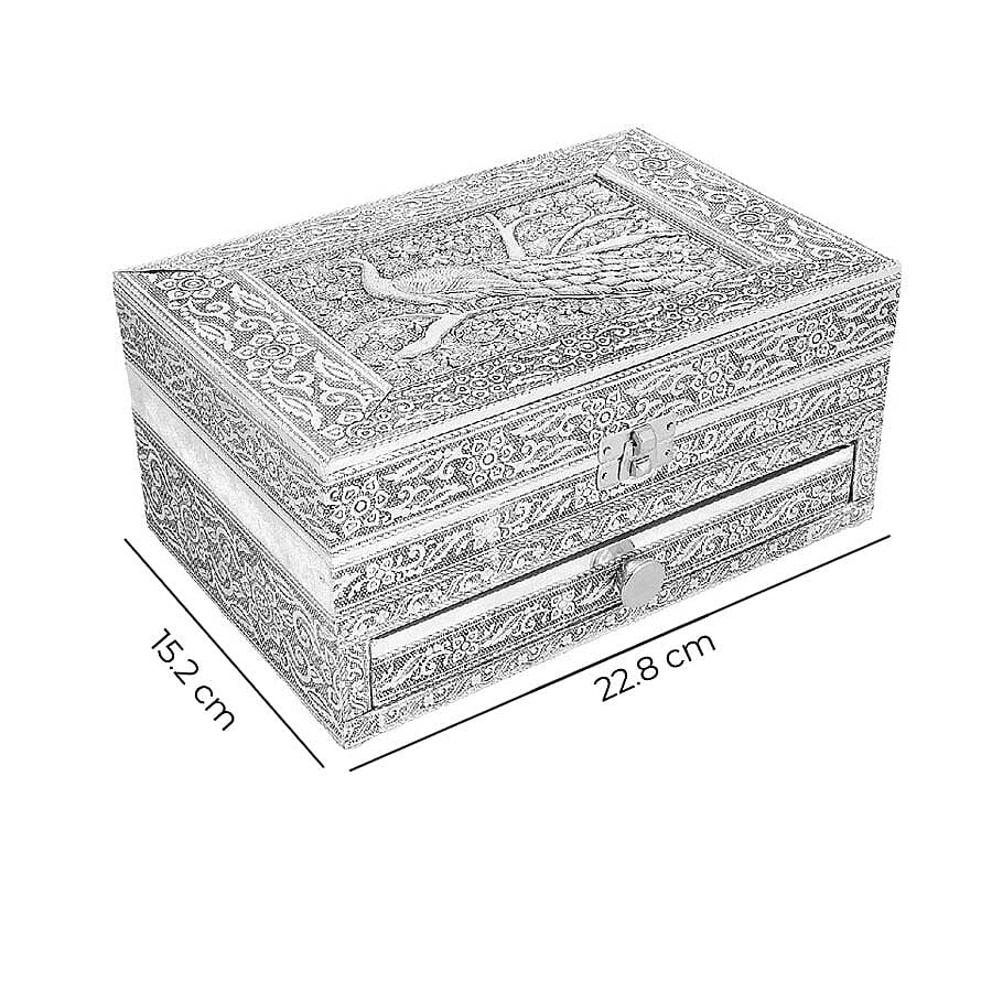3D Embossed Collection Handcrafted Peacock Design Oxidised Jewellery Box with Drawer Chest (Size 22.8x15.2cm)