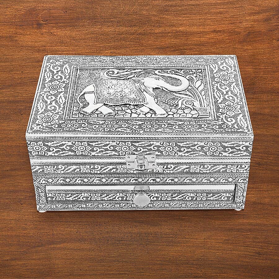 3D Embossed Collection Handcrafted Elephant Design Oxidised Jewellery Box with Drawer Chest (Size 22.8x15.2cm)