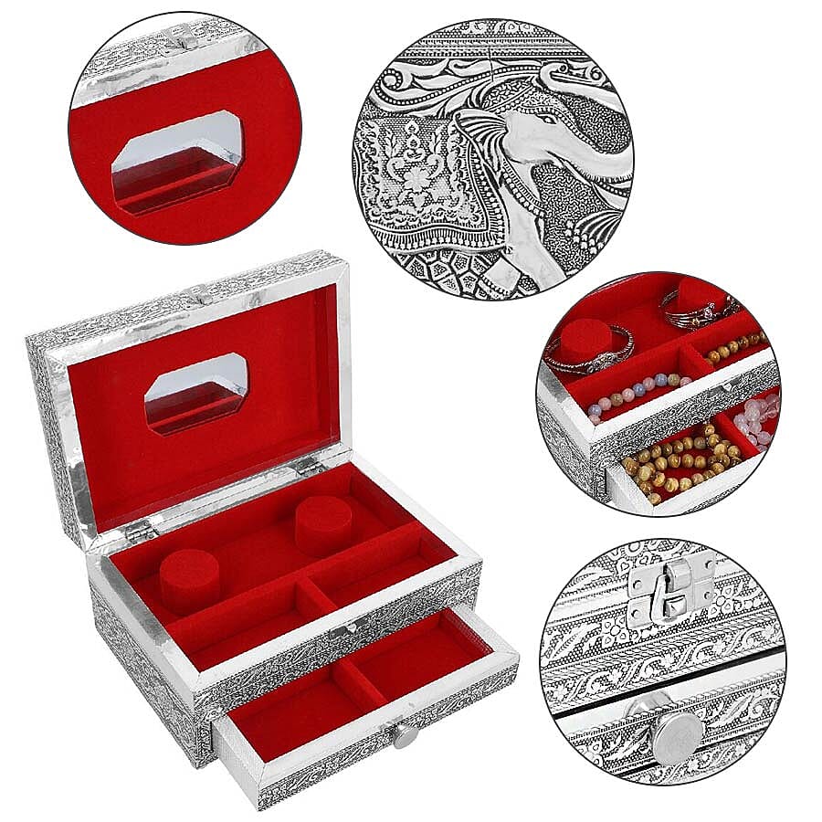 3D Embossed Collection Handcrafted Elephant Design Oxidised Jewellery Box with Drawer Chest (Size 22.8x15.2cm)