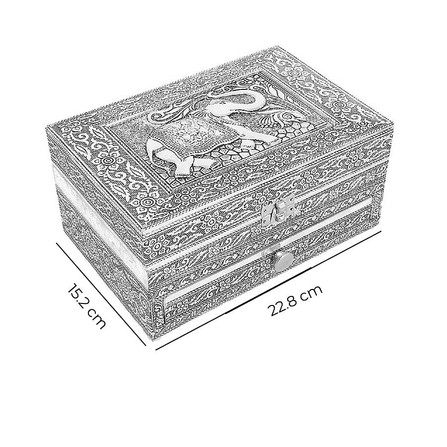 3D Embossed Collection Handcrafted Elephant Design Oxidised Jewellery Box with Drawer Chest (Size 22.8x15.2cm)