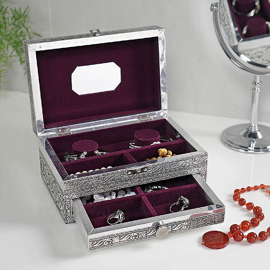 3D Embossed Collection Handcrafted Flower Design Oxidised Jewellery Box with Drawer Chest (Size 22.8x15.2cm)