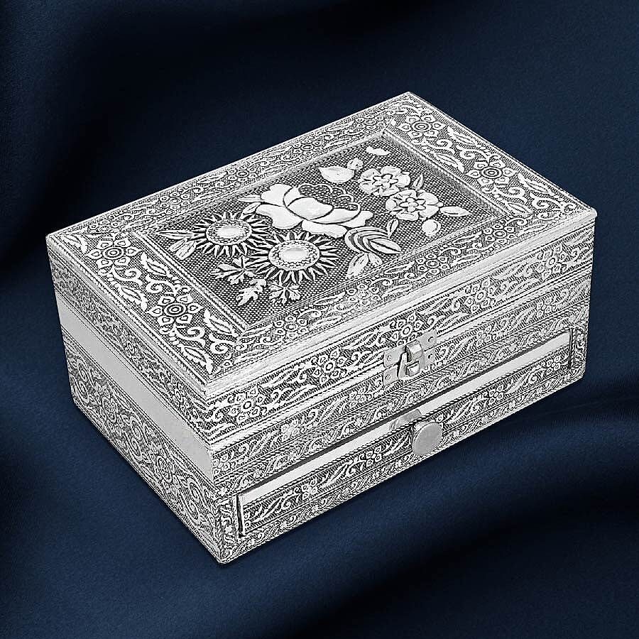 3D Embossed Collection Handcrafted Flower Design Oxidised Jewellery Box with Drawer Chest (Size 22.8x15.2cm)