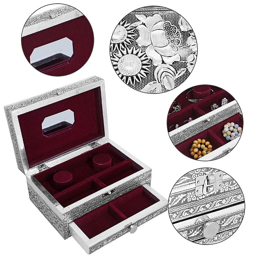 3D Embossed Collection Handcrafted Flower Design Oxidised Jewellery Box with Drawer Chest (Size 22.8x15.2cm)