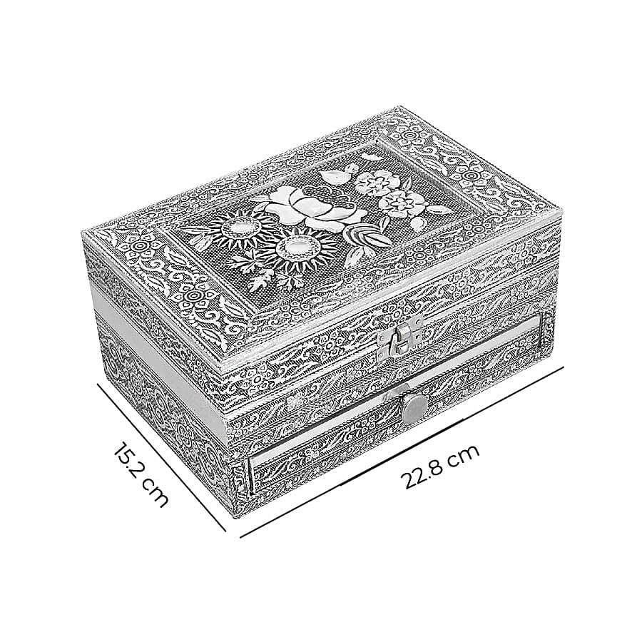 3D Embossed Collection Handcrafted Flower Design Oxidised Jewellery Box with Drawer Chest (Size 22.8x15.2cm)