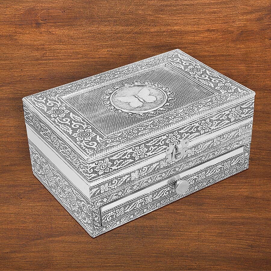 3D Embossed Collection Handcrafted Butterfly Design Oxidised Jewellery Box with Drawer Chest (Size 22.8x15.2cm)