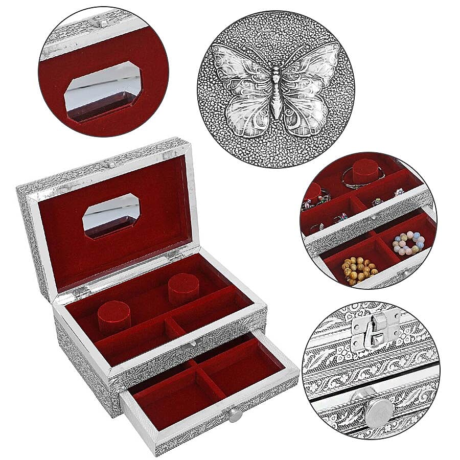 3D Embossed Collection Handcrafted Butterfly Design Oxidised Jewellery Box with Drawer Chest (Size 22.8x15.2cm)
