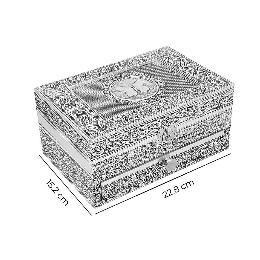 3D Embossed Collection Handcrafted Butterfly Design Oxidised Jewellery Box with Drawer Chest (Size 22.8x15.2cm)