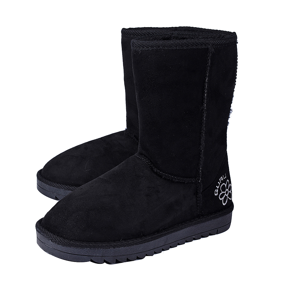GURU Womens Winter Faux Suede Fluffy Ankle Boots (Size-3) - Black