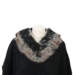 Dark Grey Faux Fur Collar Poncho with Asymmetrical Hem in Black (One Size)