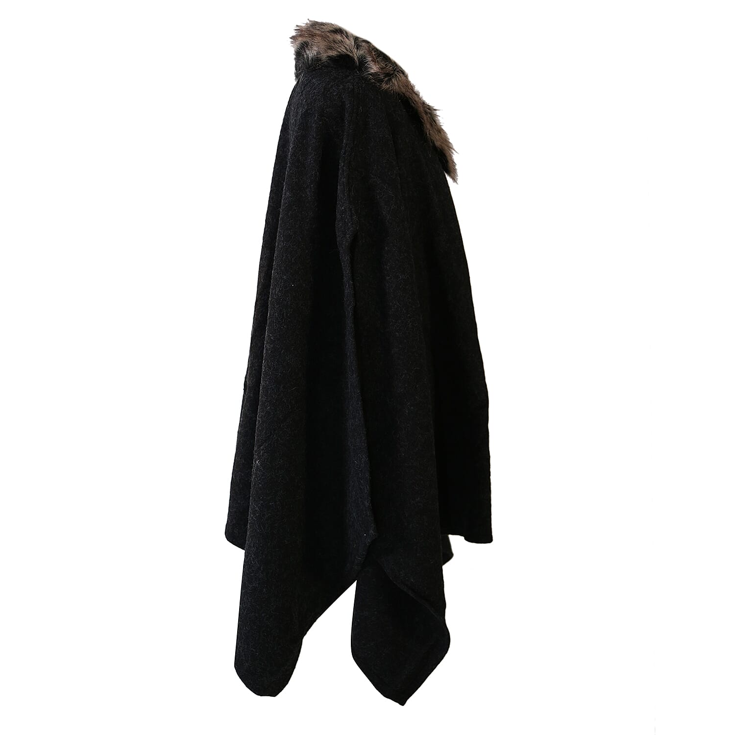 Dark Grey Faux Fur Collar Poncho with Asymmetrical Hem in Black (One Size)