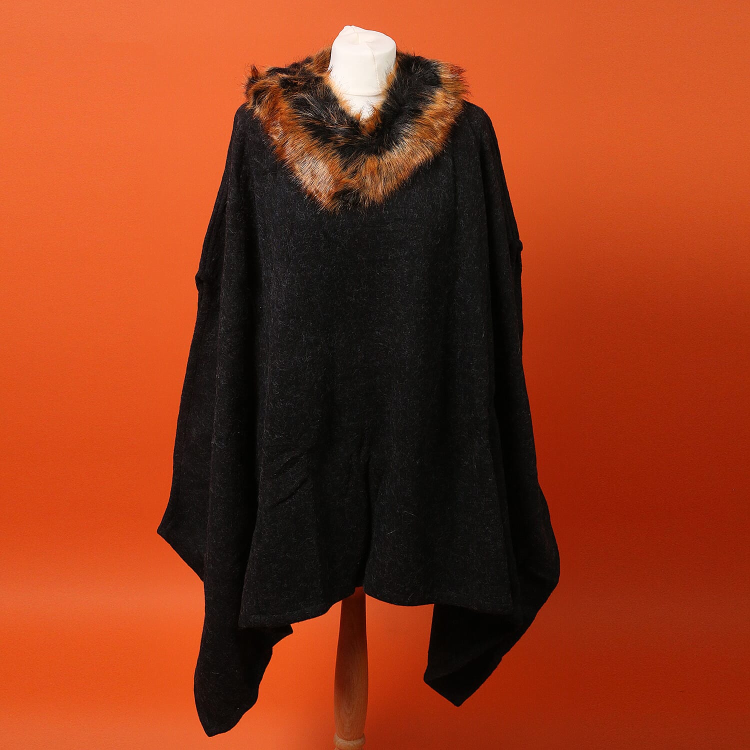 Orange Faux Fur Collar Poncho with Asymmetrical Hem in Black (One Size)
