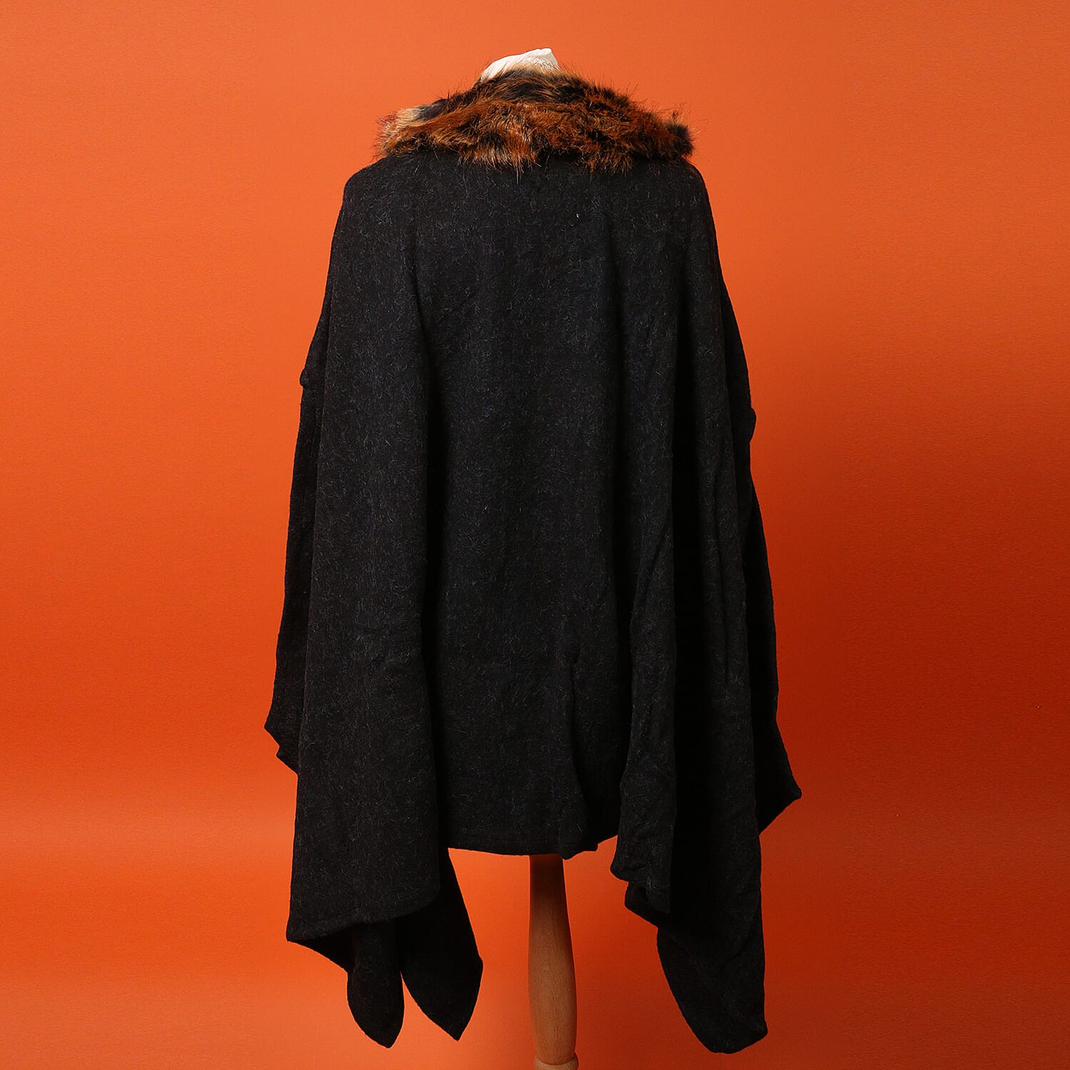 Orange Faux Fur Collar Poncho with Asymmetrical Hem in Black (One Size)