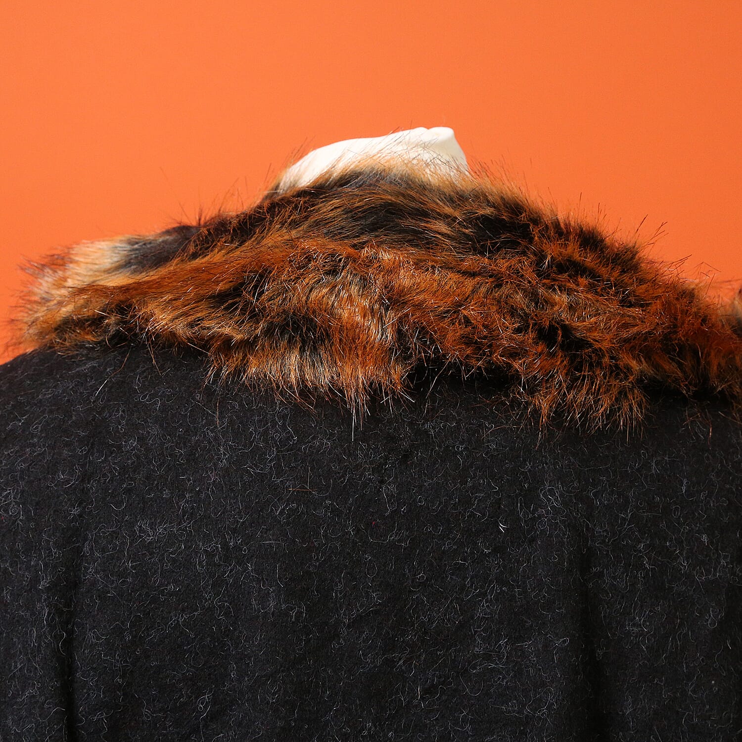 Orange Faux Fur Collar Poncho with Asymmetrical Hem in Black (One Size)