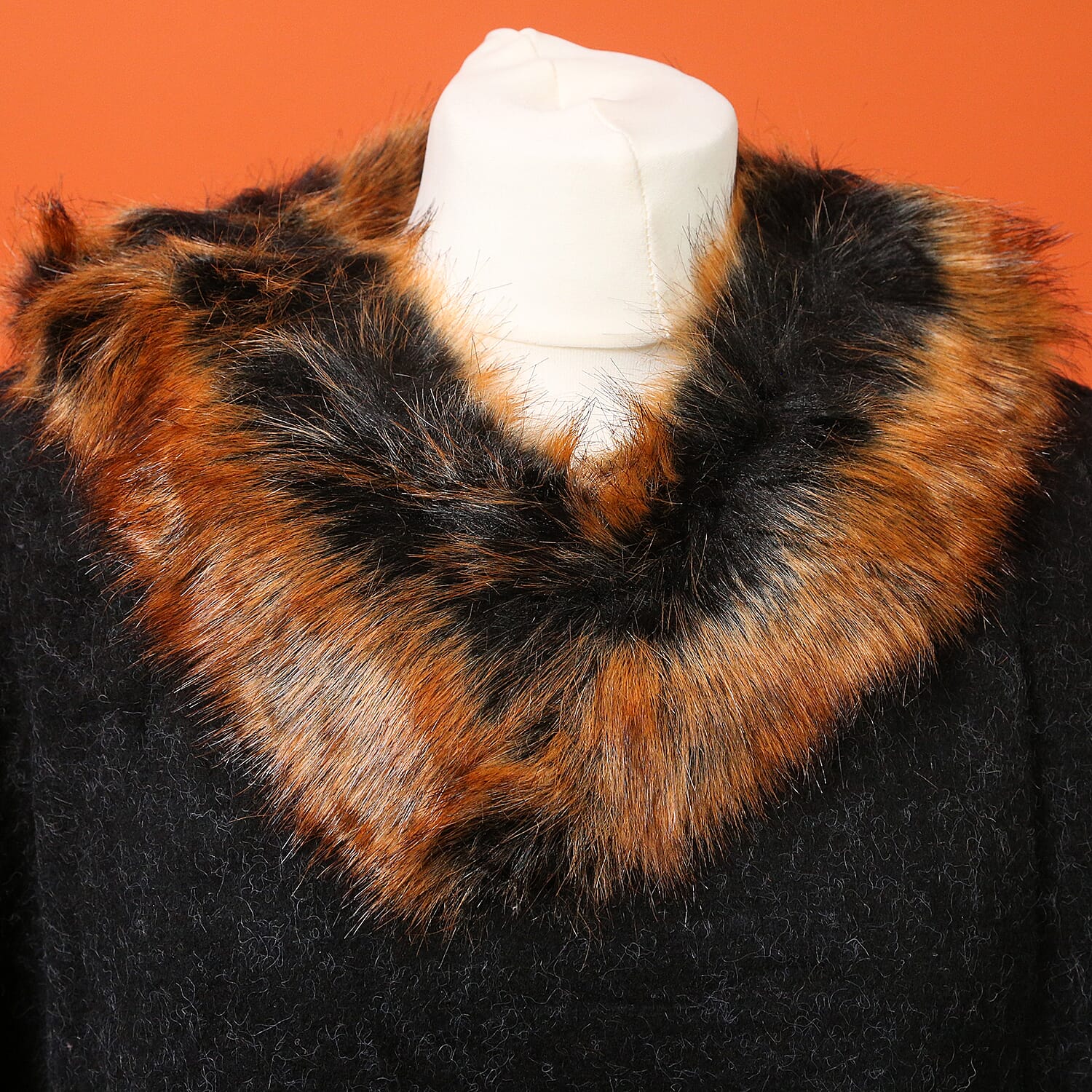 Orange Faux Fur Collar Poncho with Asymmetrical Hem in Black (One Size)