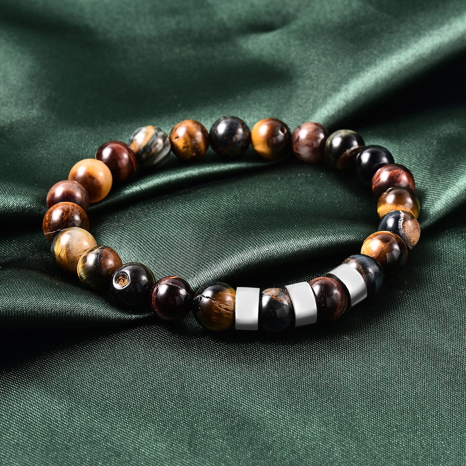 Tigers Eye Beaded Stretchable Bracelet (Size 6.5) in Stainless Steel 80.000  Ct.