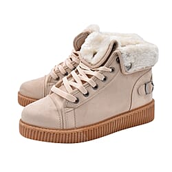 Beige Faux Fur Lined Lace-Up Ankle Boots (Size 3)
