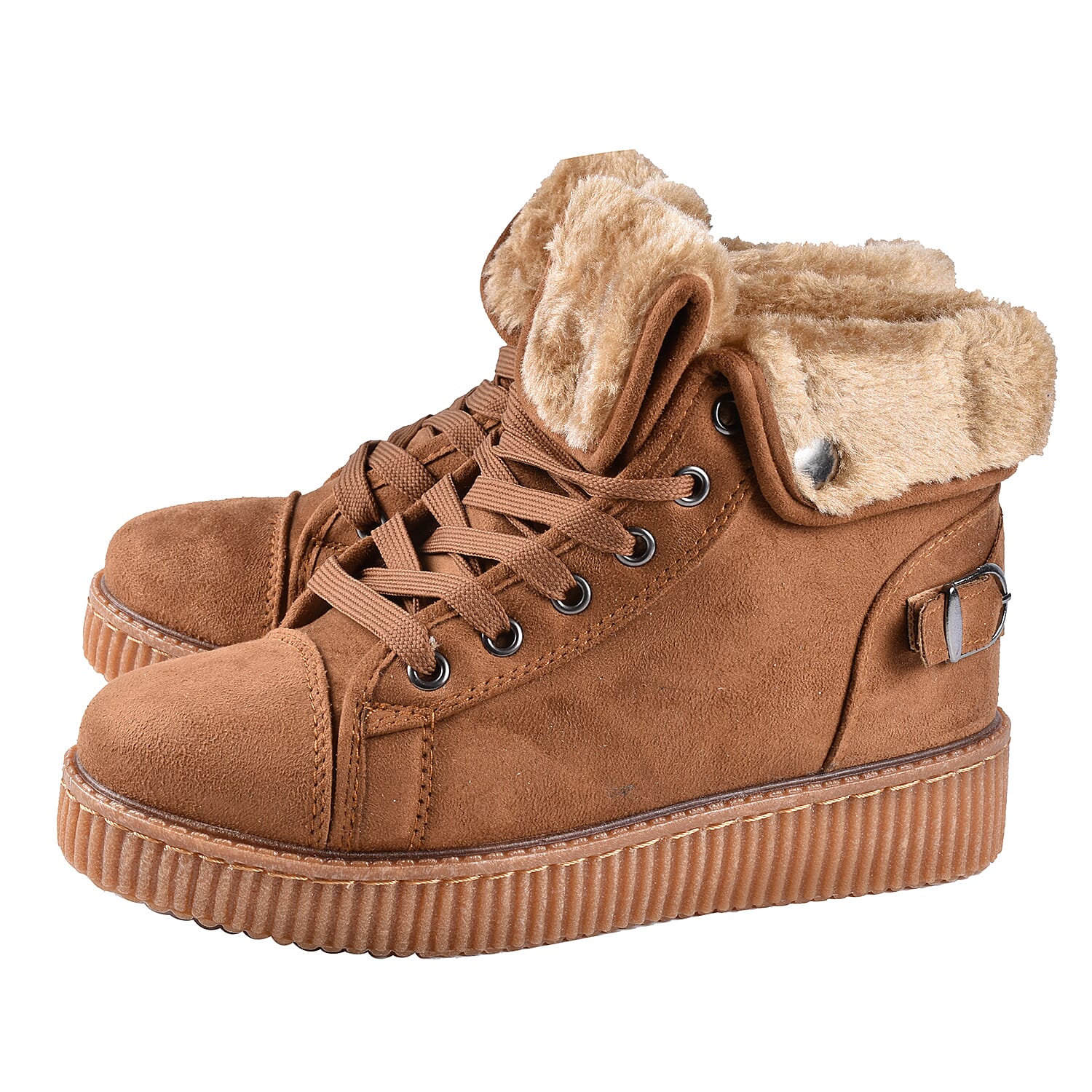 Camel Colour Faux Fur Lined Lace-Up Ankle Boots (Size 3)