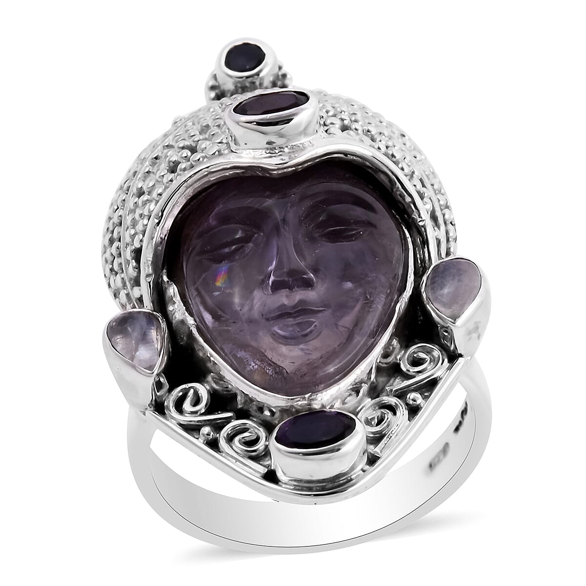 Royal Bali GODDESS Collection-  Amethyst and Multi Gemstone Devi Danu Handcarved Ring in Sterling Silver 10.35 Ct, Silver wt. 11.80 Gms