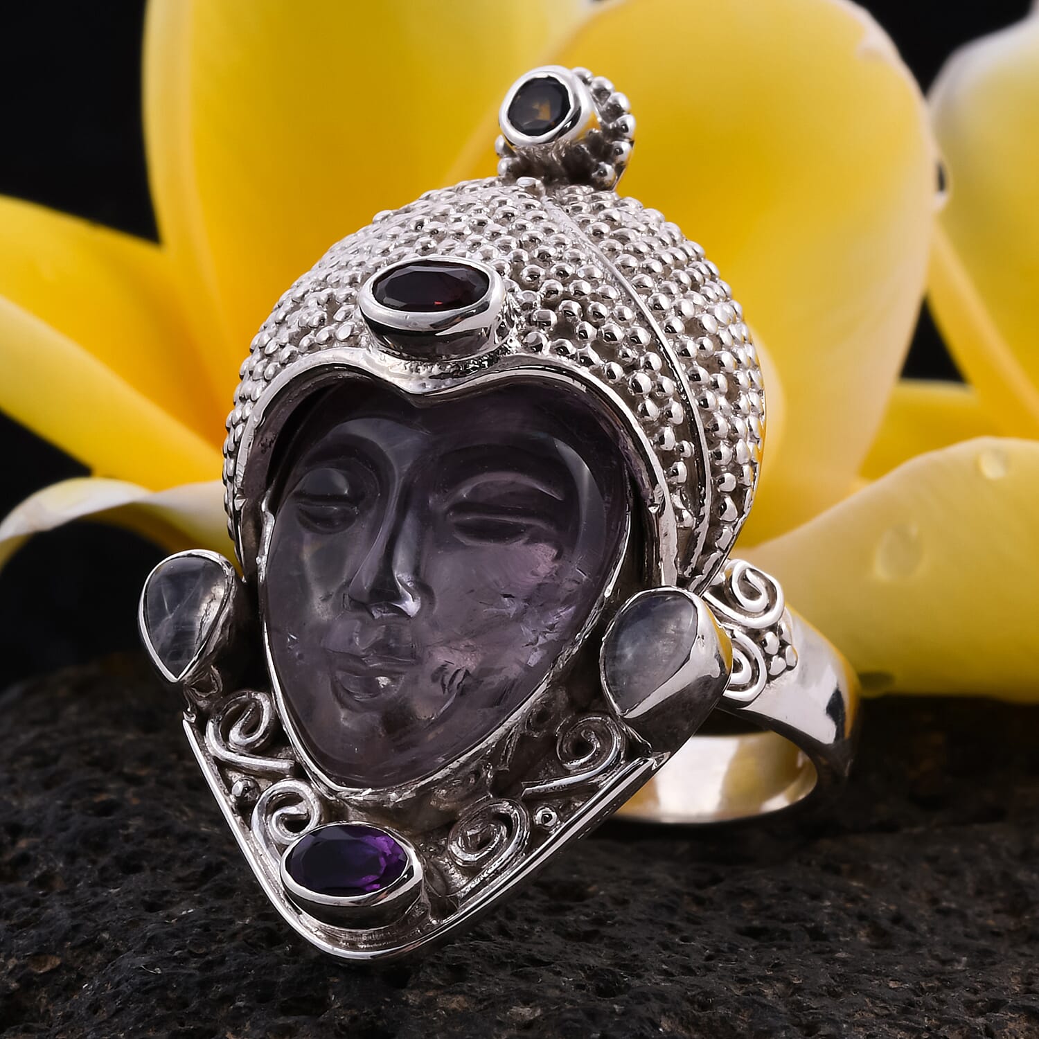 Royal Bali GODDESS Collection-  Amethyst and Multi Gemstone Devi Danu Handcarved Ring in Sterling Silver 10.35 Ct, Silver wt. 11.80 Gms