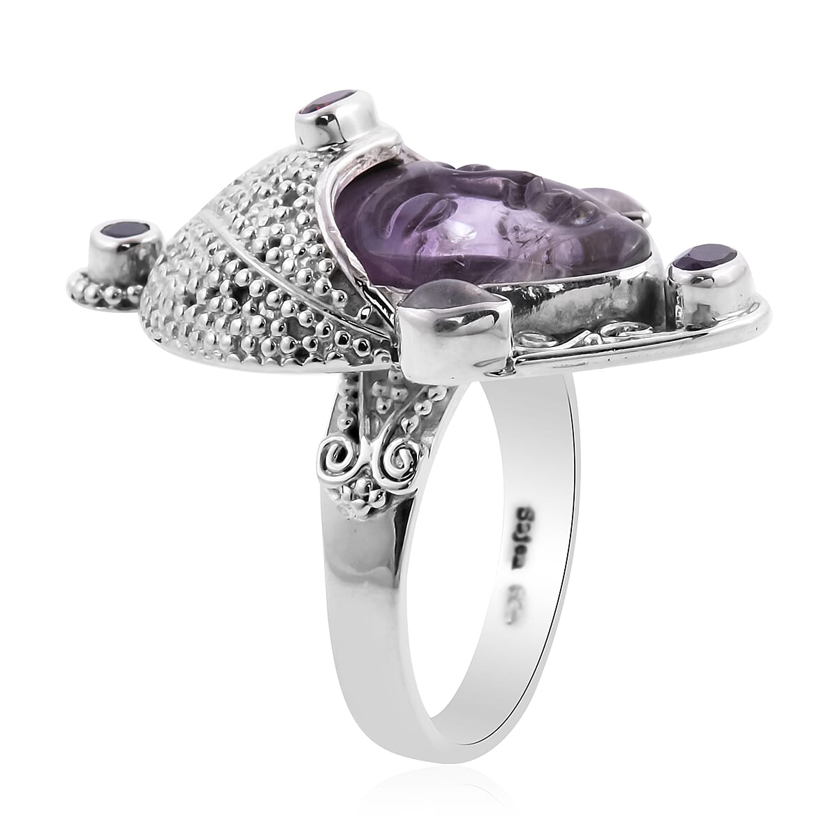 Royal Bali GODDESS Collection-  Amethyst and Multi Gemstone Devi Danu Handcarved Ring in Sterling Silver 10.35 Ct, Silver wt. 11.80 Gms