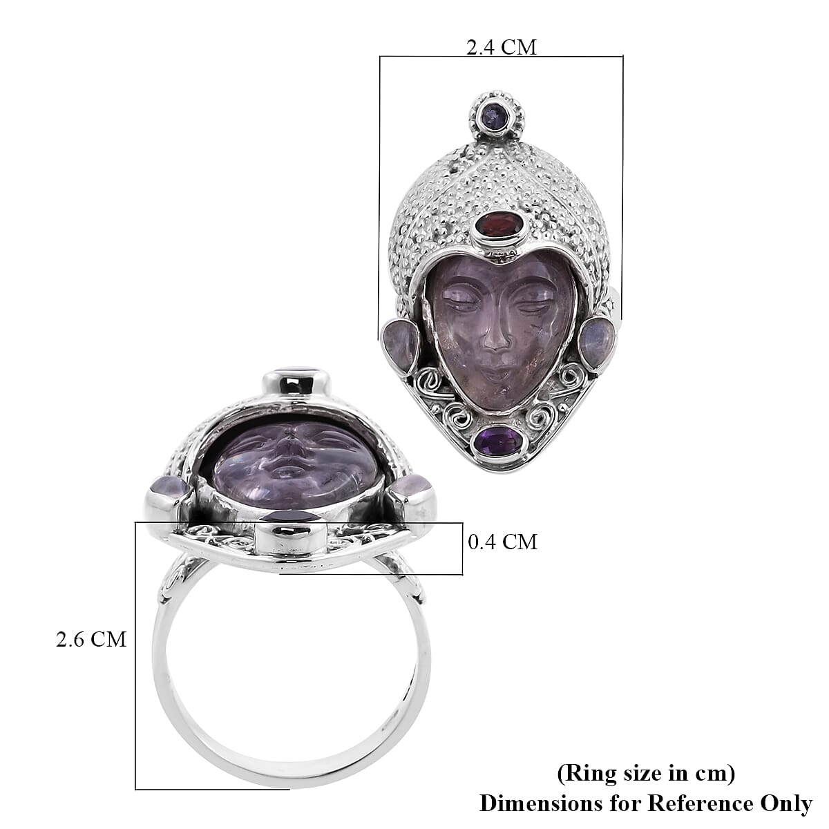 Royal Bali GODDESS Collection-  Amethyst and Multi Gemstone Devi Danu Handcarved Ring in Sterling Silver 10.35 Ct, Silver wt. 11.80 Gms