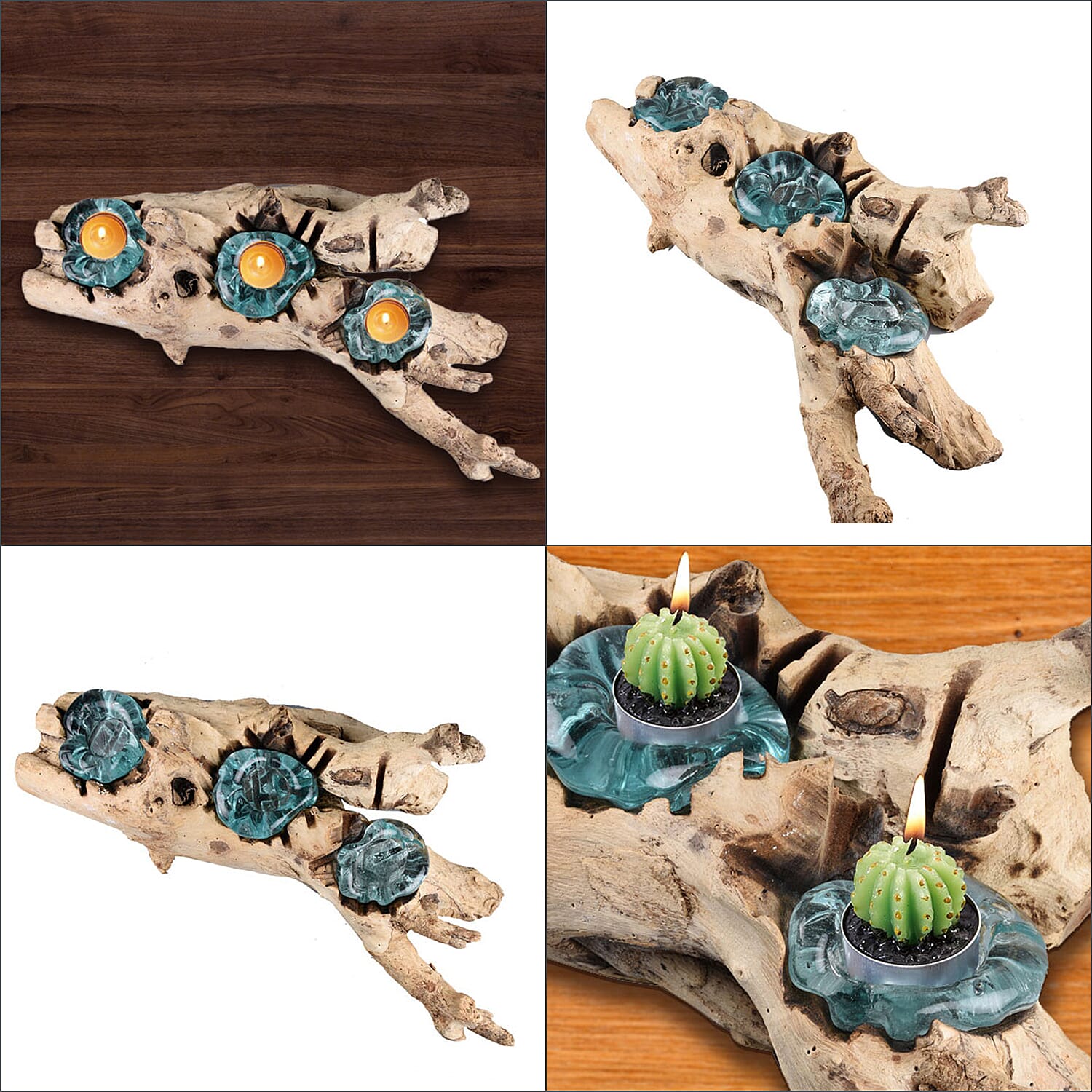 Jardin de Bali Gamal Wood and Glass Tealight Holder x 3