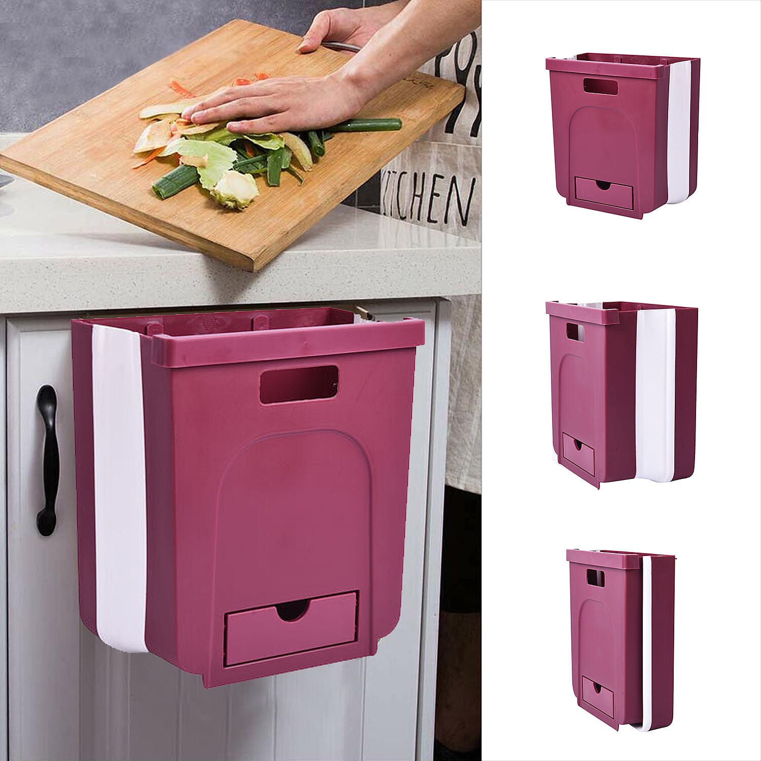 10L Foldable Hanging Waste Bin in Burgundy and White (Size 26x20x14cm)