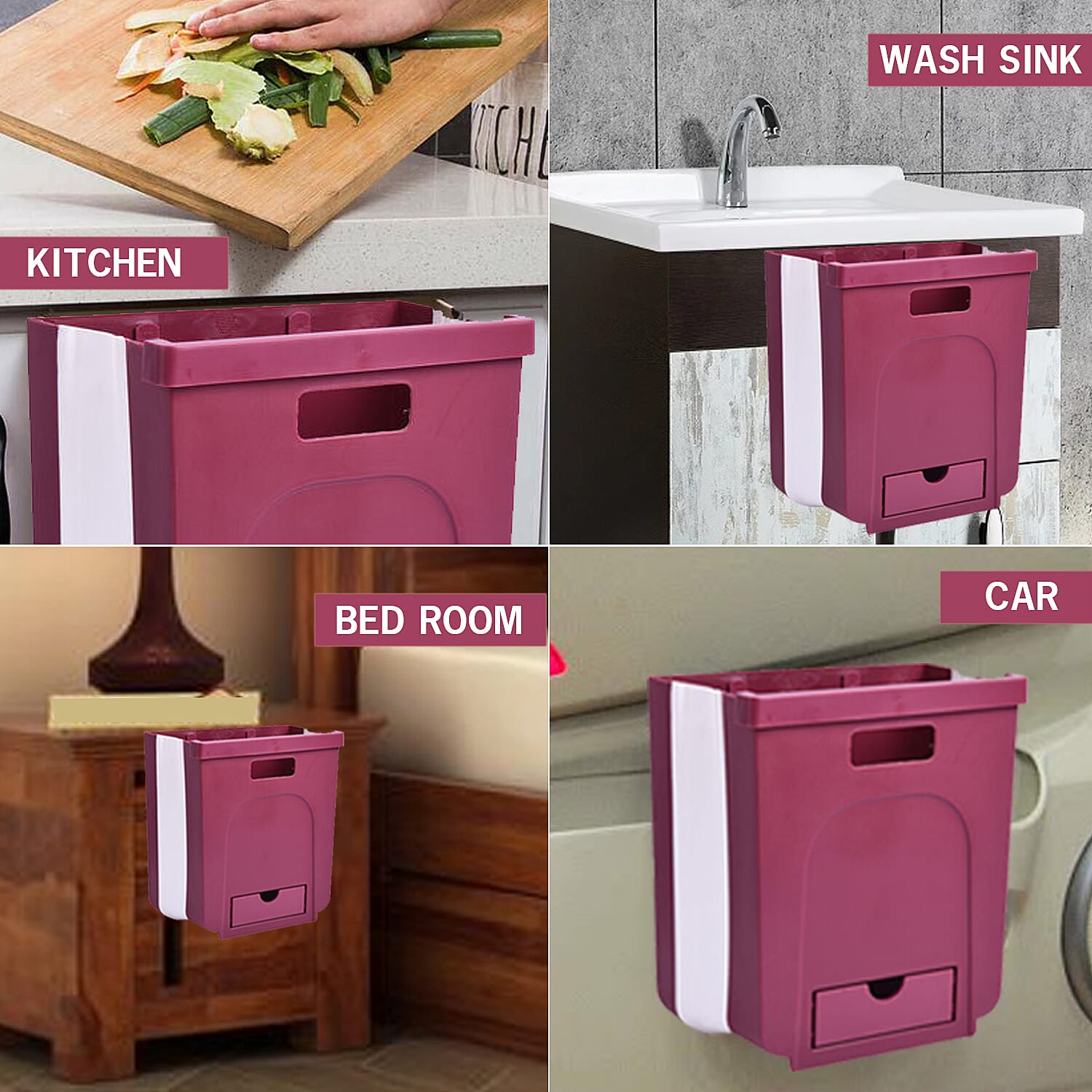 10L Foldable Hanging Waste Bin in Burgundy and White (Size 26x20x14cm)