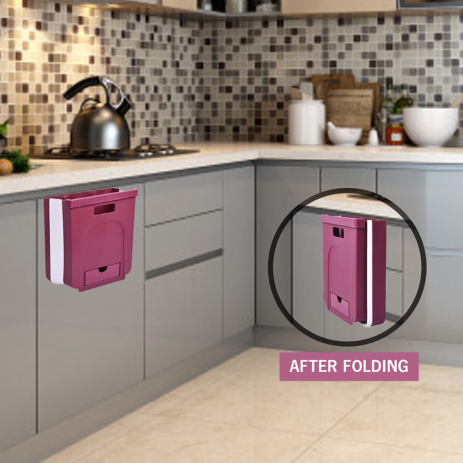 10L Foldable Hanging Waste Bin in Burgundy and White (Size 26x20x14cm)