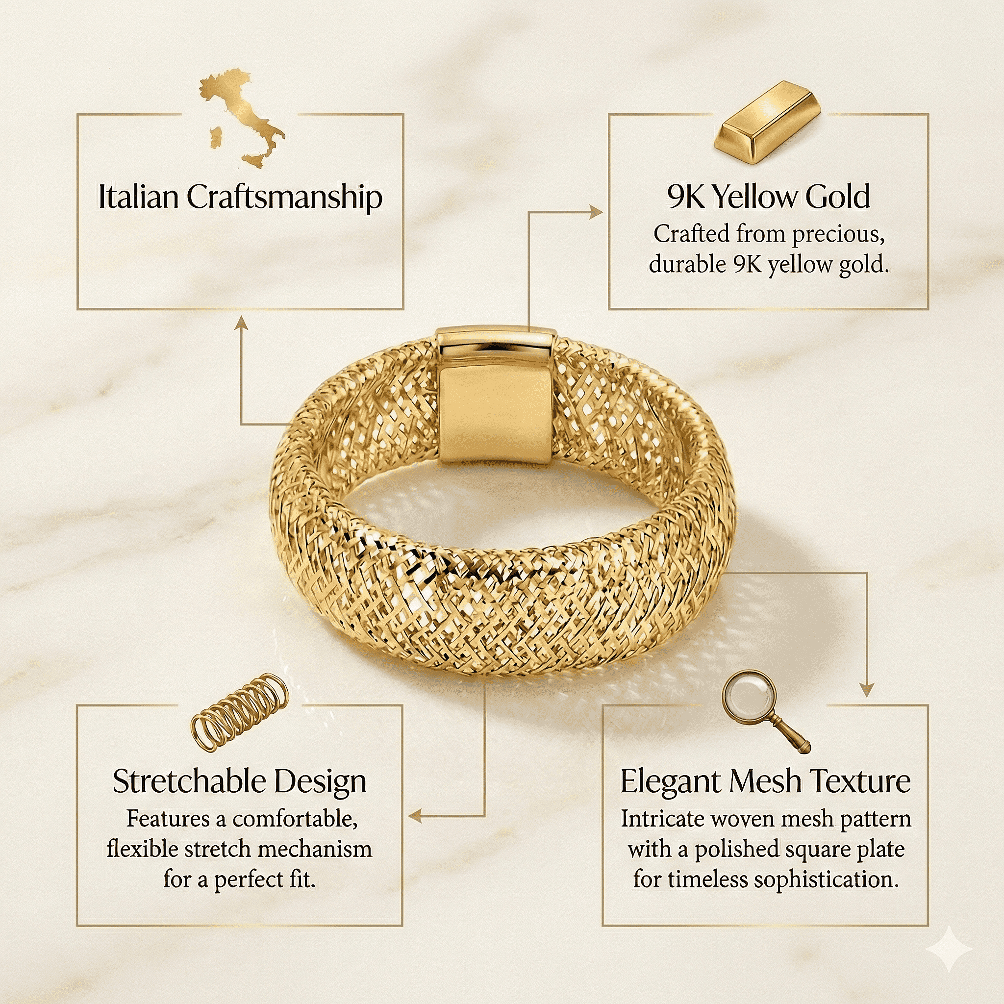 Italian Made - 9K Yellow Gold Stretchable Mesh Ring (Size Large)