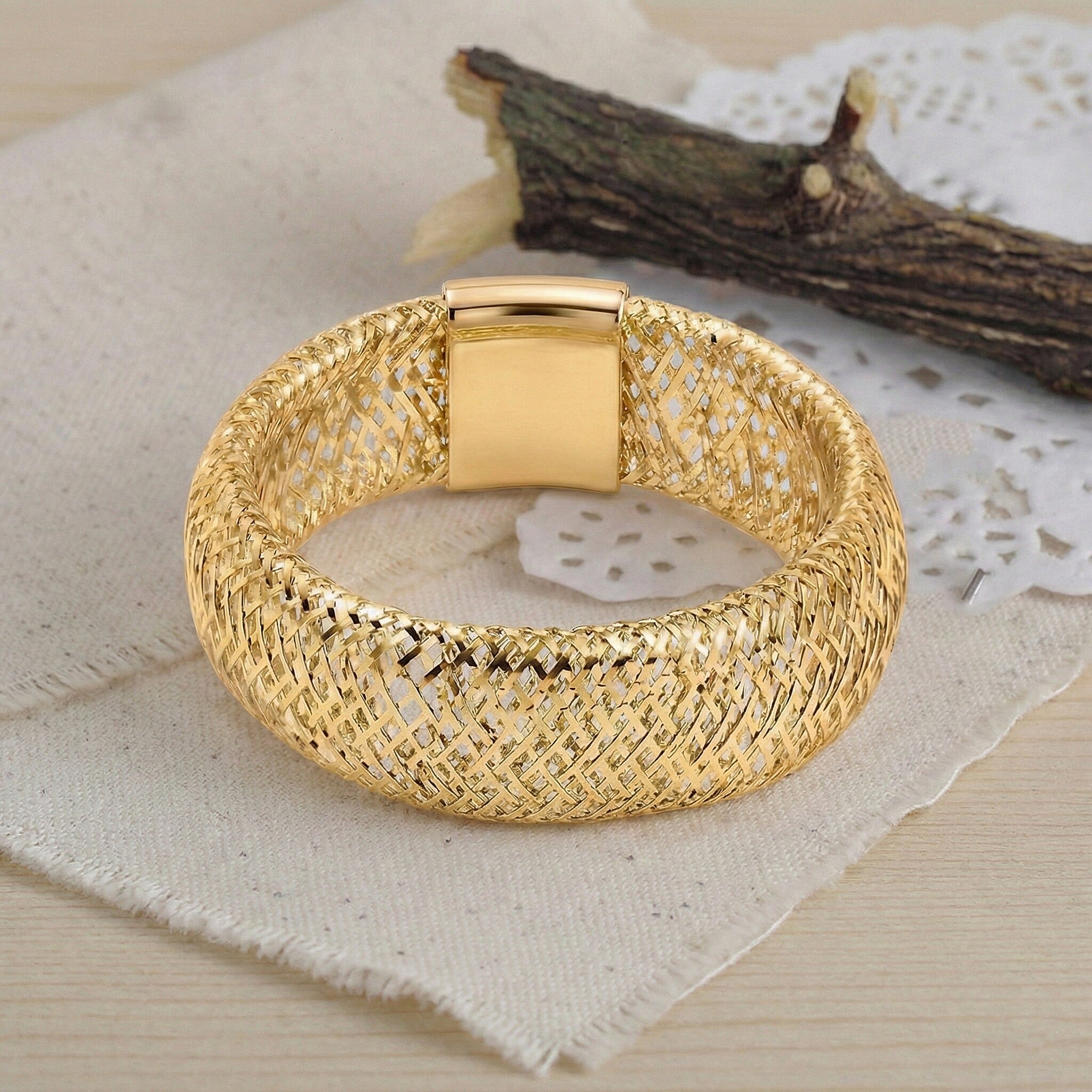 Italian Made - 9K Yellow Gold Stretchable Mesh Ring (Size Medium)