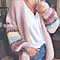 Kris Ana Open-Front Baggy Knitted Cardigan with Rainbow Stripes Pattern Sleeve (Size XL, 14-16) - Baby Pink