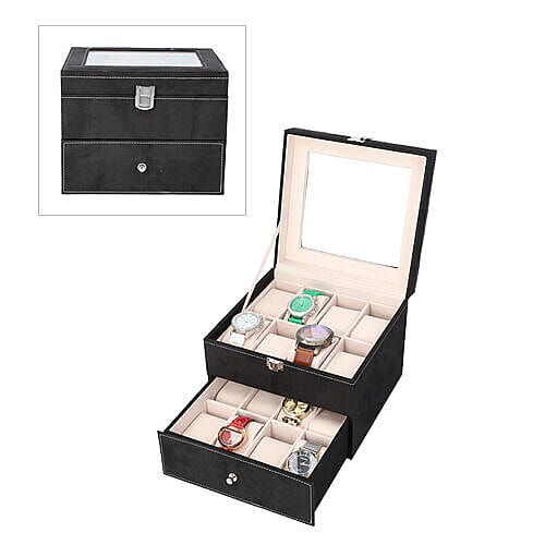 Two-Layer Velvet Watch Box with Glass Window on Top in Black