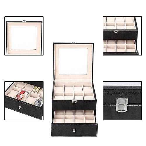 Two-Layer Velvet Watch Box with Glass Window on Top in Black