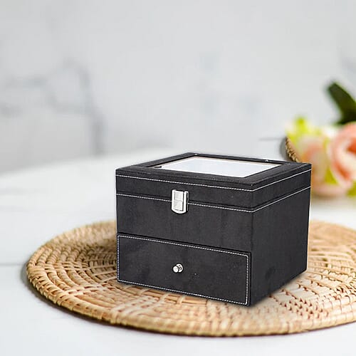 Two-Layer Velvet Watch Box with Glass Window on Top in Black