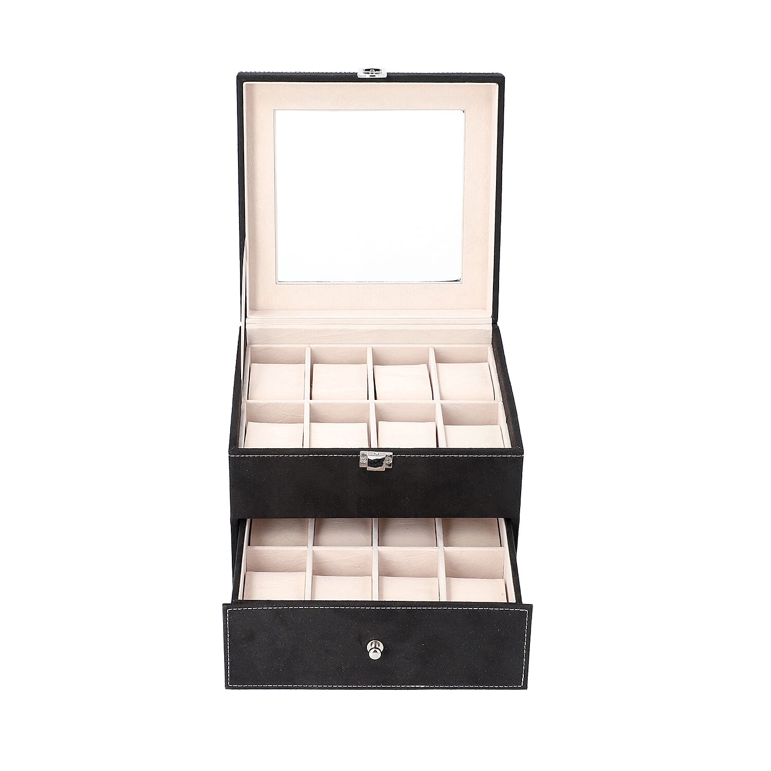 Two-Layer Velvet Watch Box with Glass Window on Top in Black