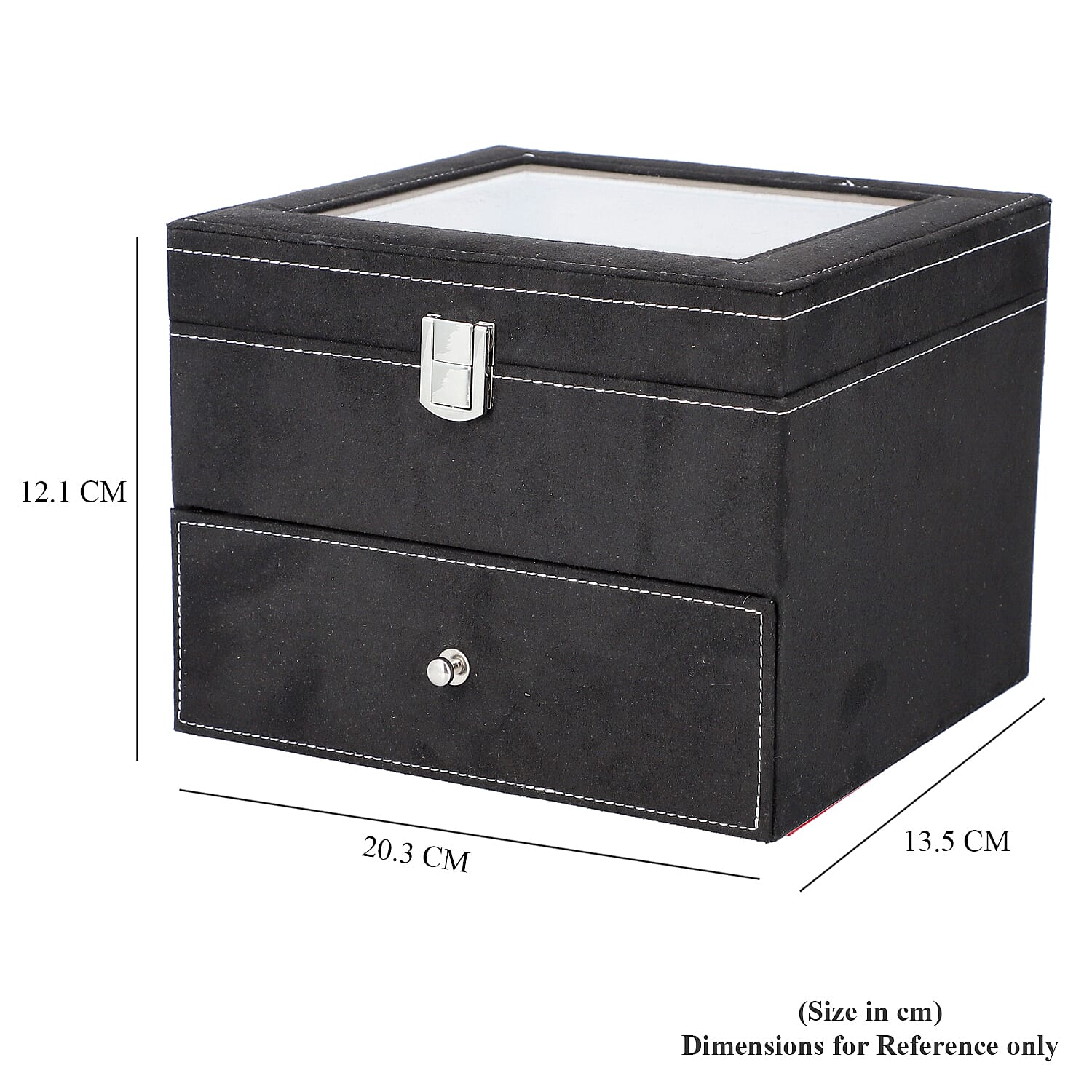 Two-Layer Velvet Watch Box with Glass Window on Top in Black
