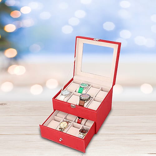 Two-Layer Velvet Watch Box with Glass Window on Top in Red
