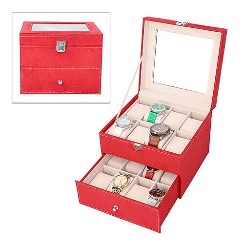 Two-Layer Velvet Watch Box with Glass Window on Top in Red
