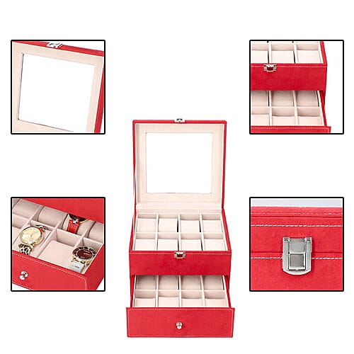 Two-Layer Velvet Watch Box with Glass Window on Top in Red