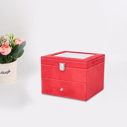 Two-Layer Velvet Watch Box with Glass Window on Top in Red