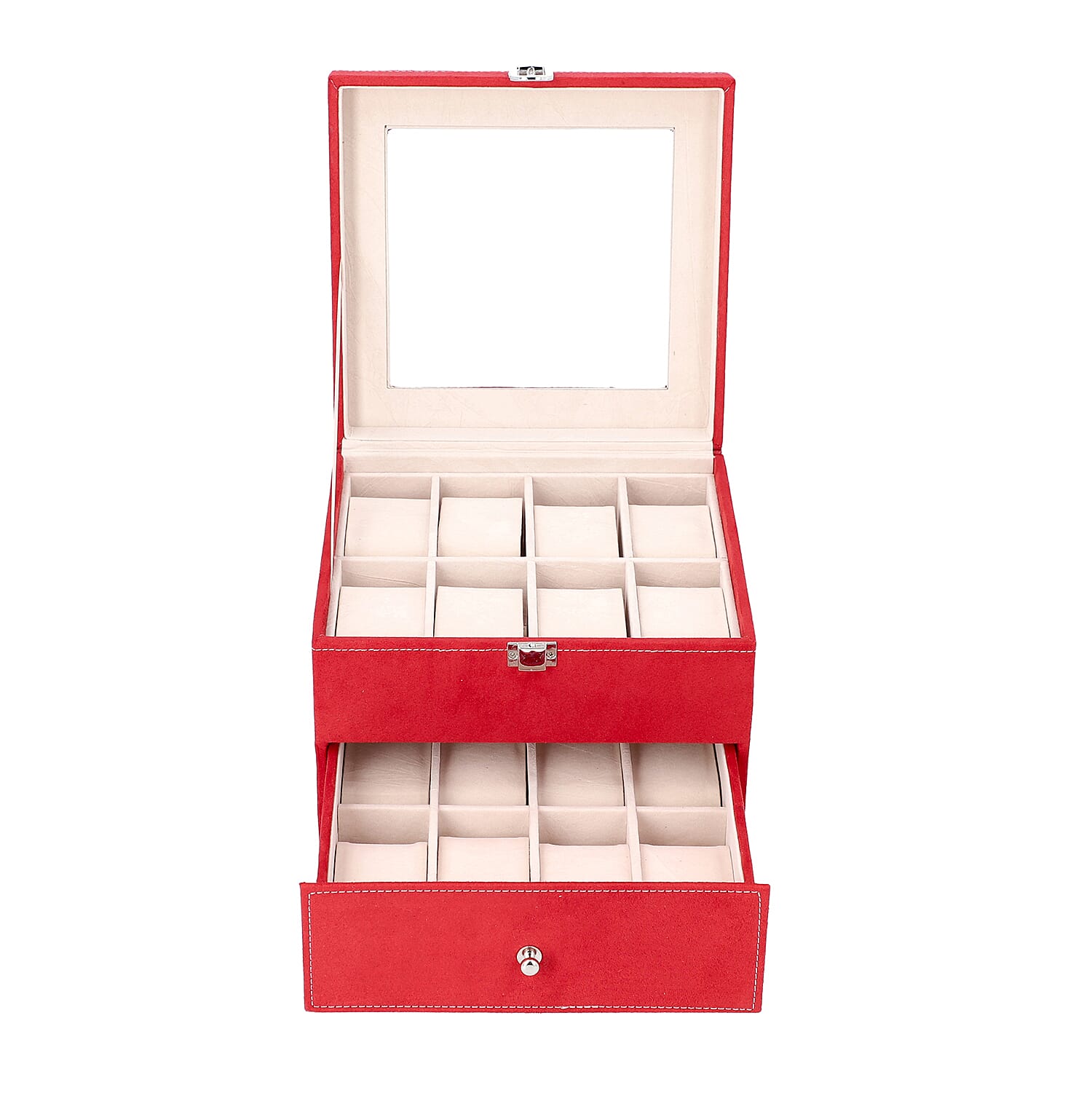 Two-Layer Velvet Watch Box with Glass Window on Top in Red