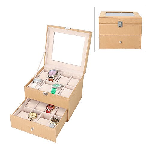 Two-Layer Velvet Watch Box with Glass Window on Top in Brown