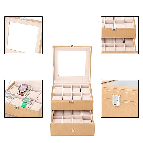 Two-Layer Velvet Watch Box with Glass Window on Top in Brown