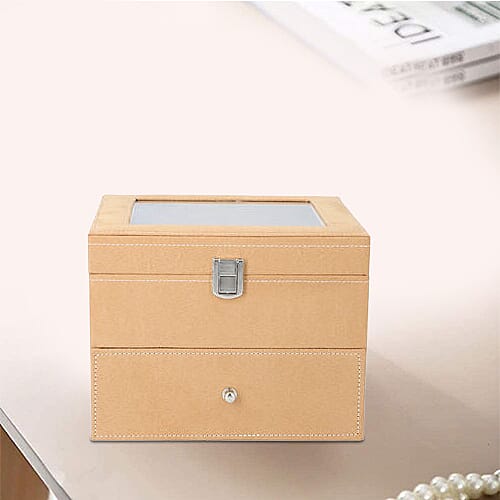 Two-Layer Velvet Watch Box with Glass Window on Top in Brown