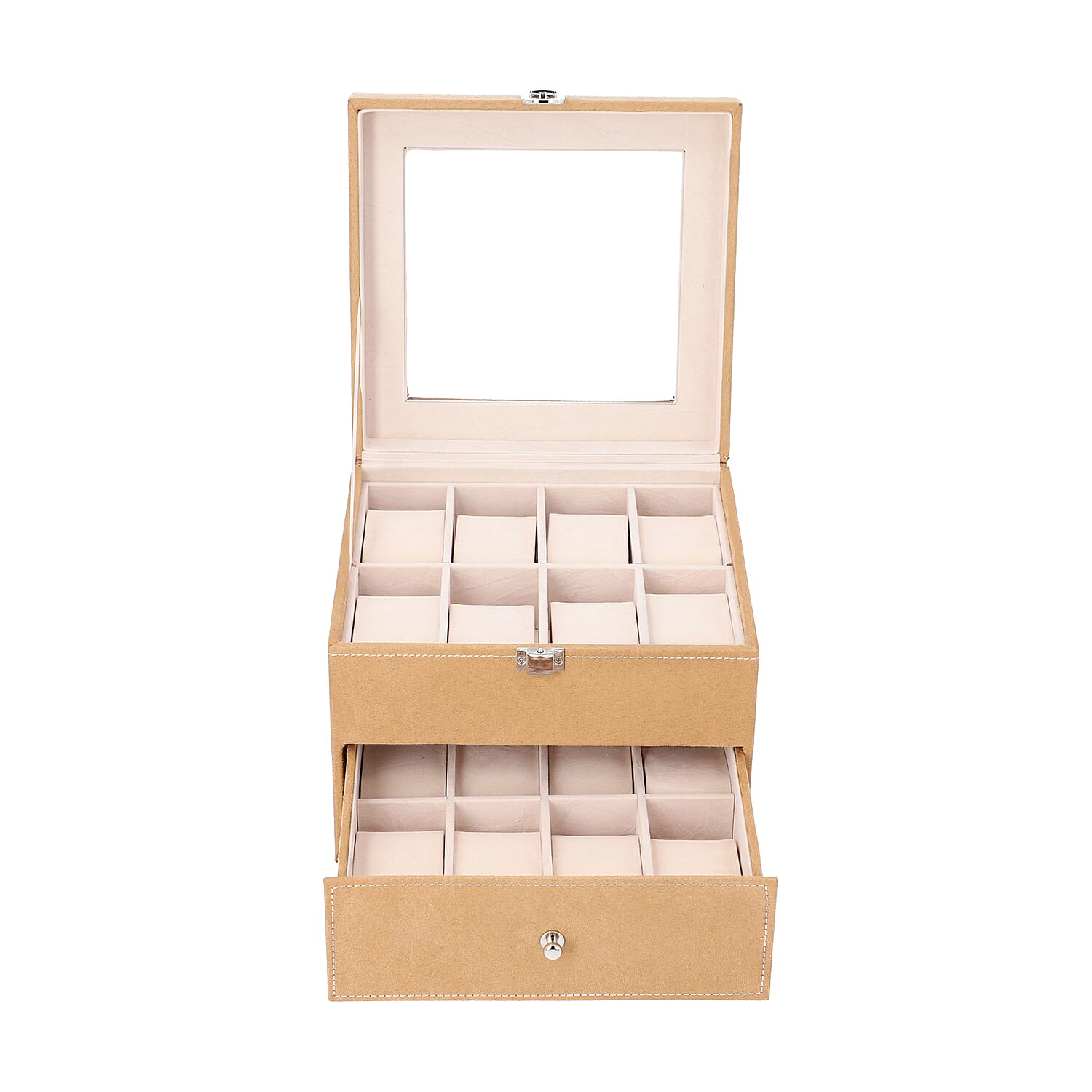 Two-Layer Velvet Watch Box with Glass Window on Top in Brown