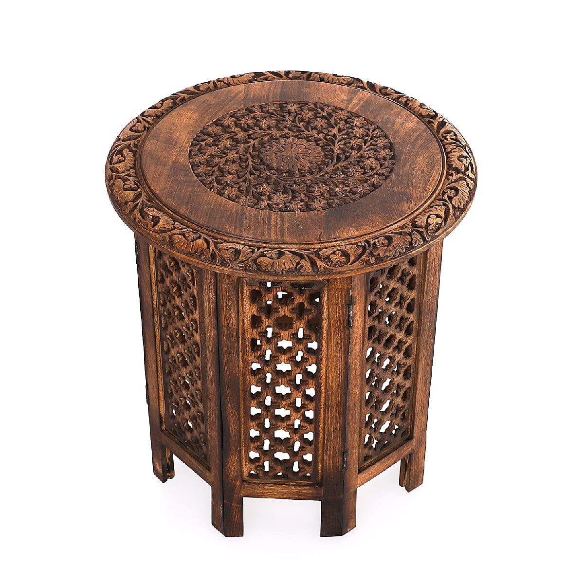 NAKKASHI Hand Craved Mango Wood Table with Floral Carvings and Jali Stand in Antique Burn Finish Brown Colour