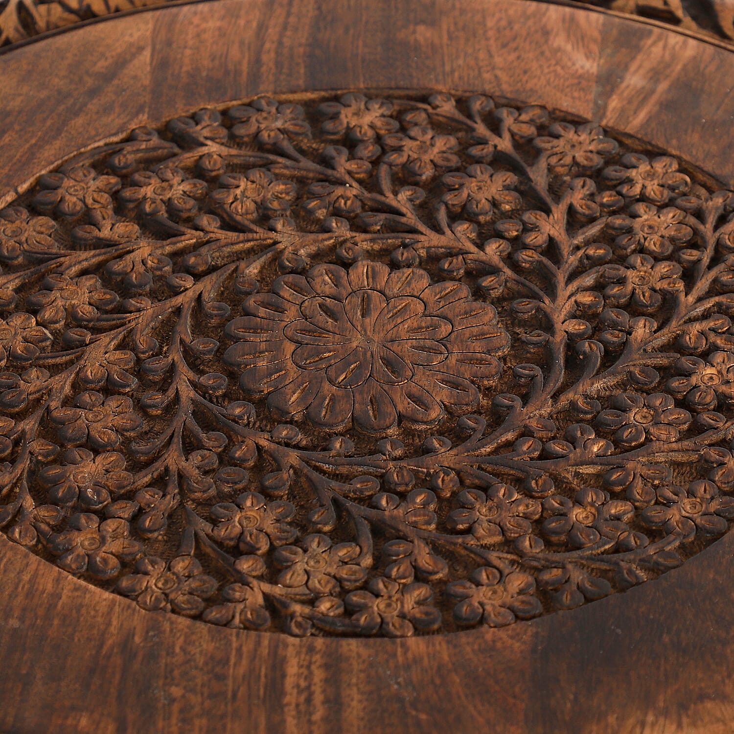 NAKKASHI Hand Craved Mango Wood Table with Floral Carvings and Jali Stand in Antique Burn Finish Brown Colour