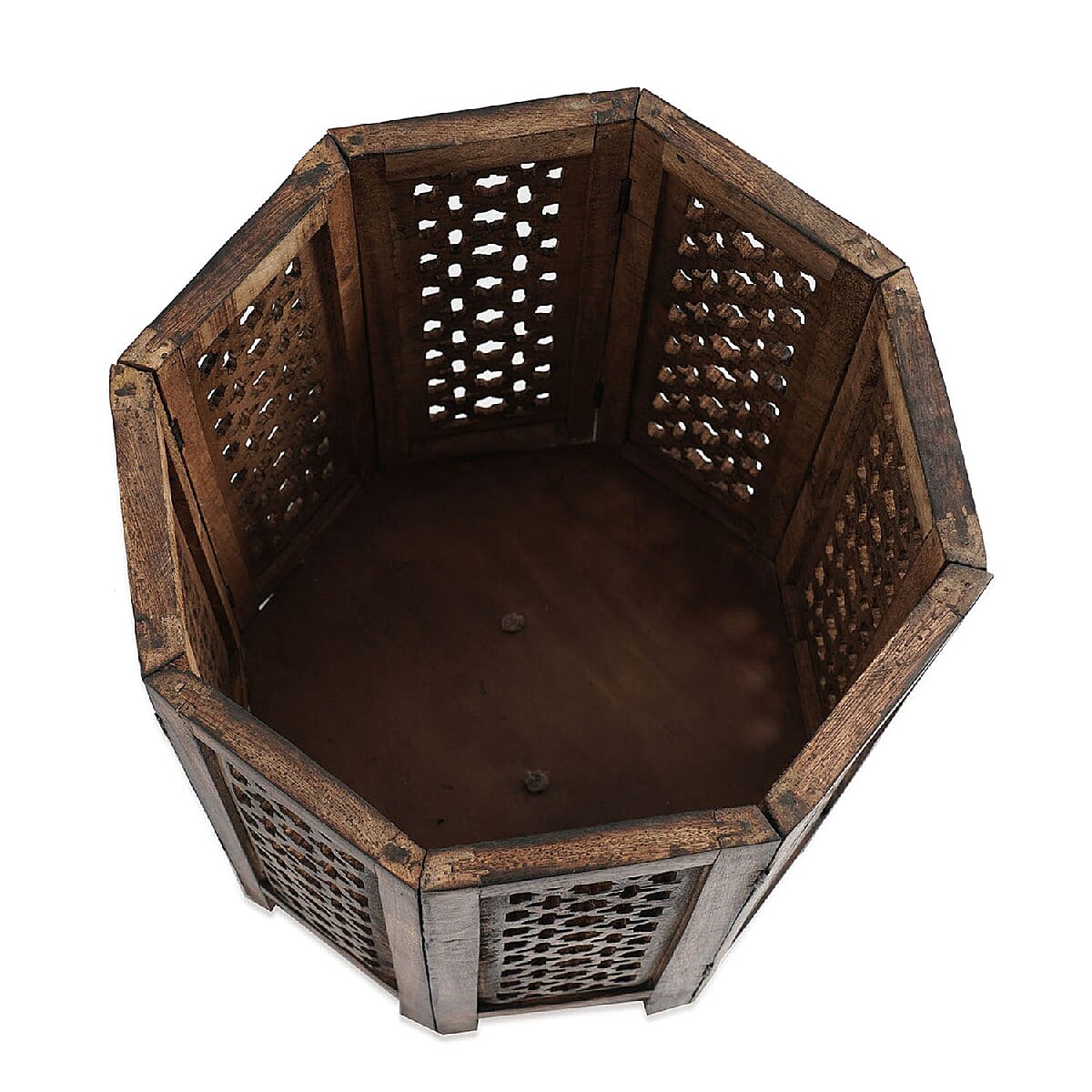 NAKKASHI Hand Craved Mango Wood Table with Floral Carvings and Jali Stand in Antique Burn Finish Brown Colour